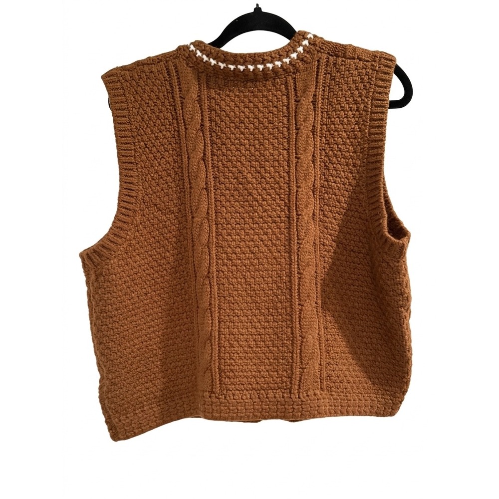 Cider Brown Cable Knit Sweater Vest Whipstitch Floral Button Front Size Large - Picture 2 of 4